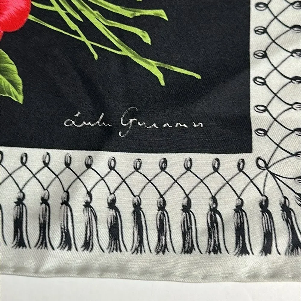 Lulu Guinness Silk Scarf “Life is a Bed of Roses” Black Floral Print Hand Rolled